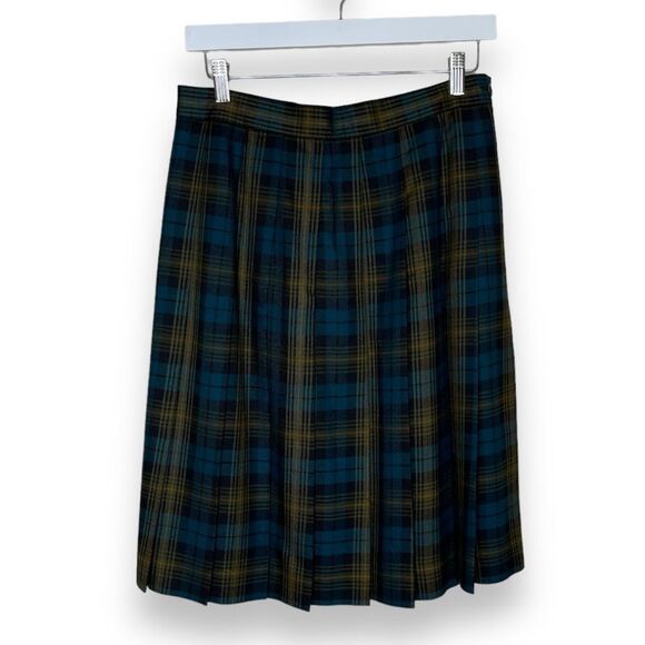 Vintage LL Bean Wool Blend Tartan Plaid Pleated Skirt Women Size 12 Blue Black - Picture 1 of 11